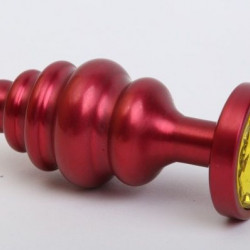 Красная ребристая анальная пробка с жёлтым стразом - 7,3 см.