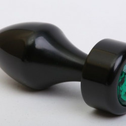 Чёрная анальная пробка с широким основанием и зелёным кристаллом - 7,8 см.