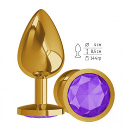 Золотистая большая анальная пробка с фиолетовым кристаллом - 9,5 см.